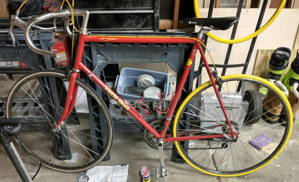 My road bike with one of two solid tires installed. 